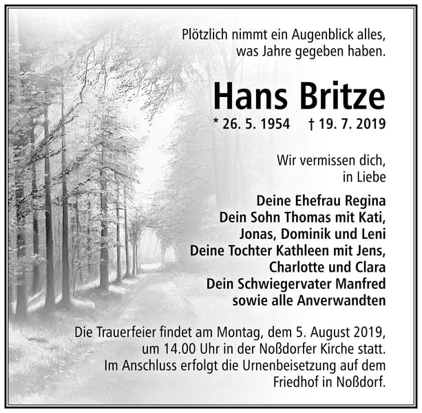 Traueranzeige Hans Britze