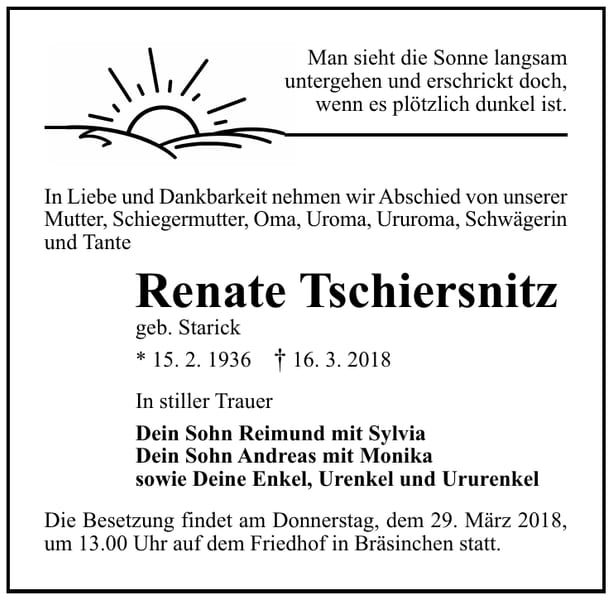 Traueranzeige Renate Tschiersnitz geb. Starick