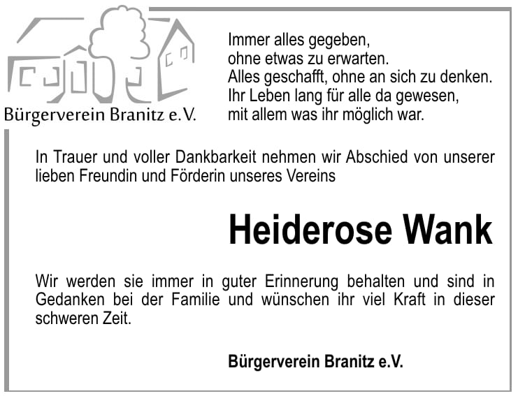 Nachruf Heiderose Wank