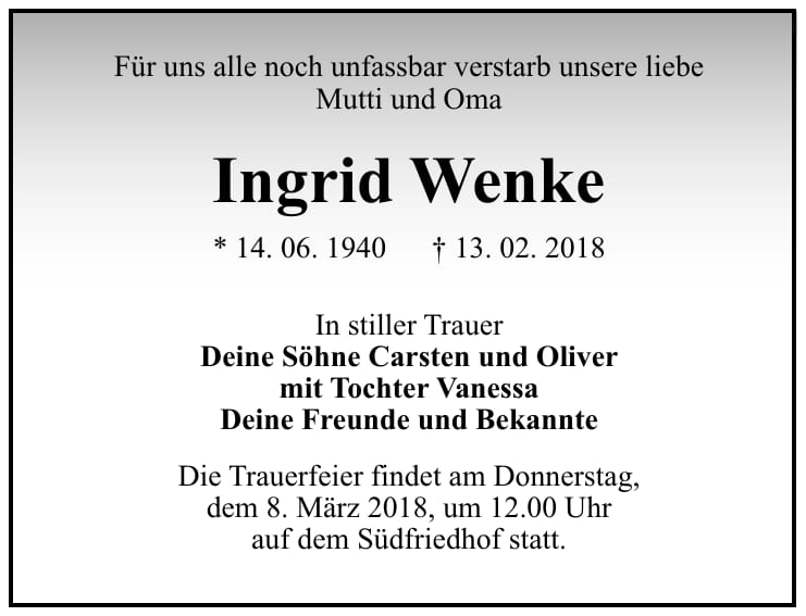 Traueranzeige Ingrid Wenke