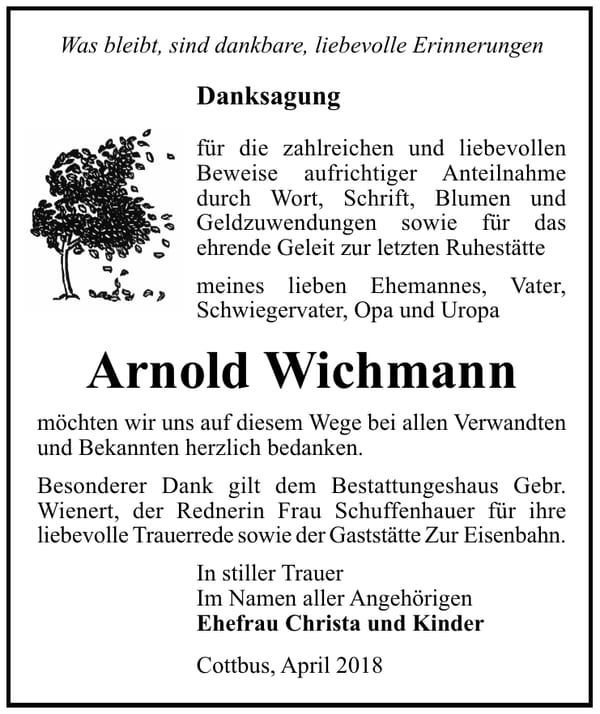 Danksagung Arnold Wichmann