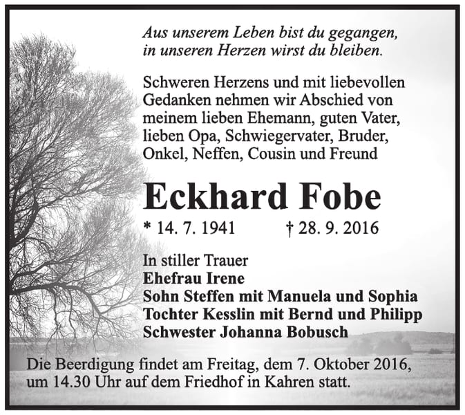 Traueranzeige Eckhard Fobe
