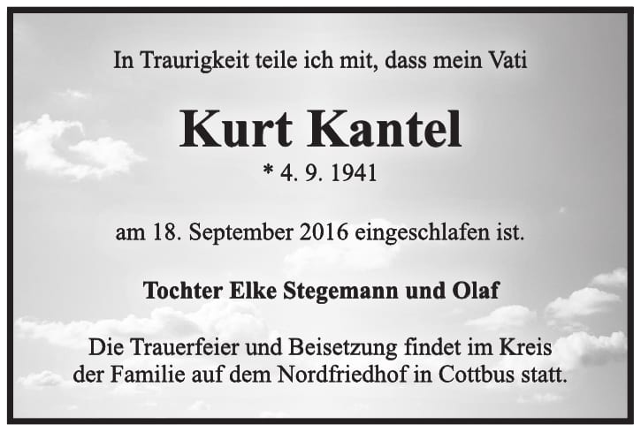 Traueranzeige Kurt Kantel