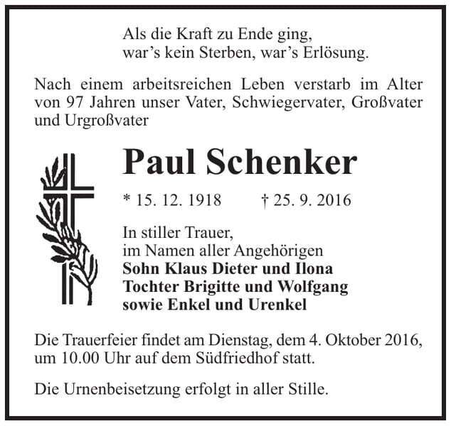 Traueranzeige Paul Schenker