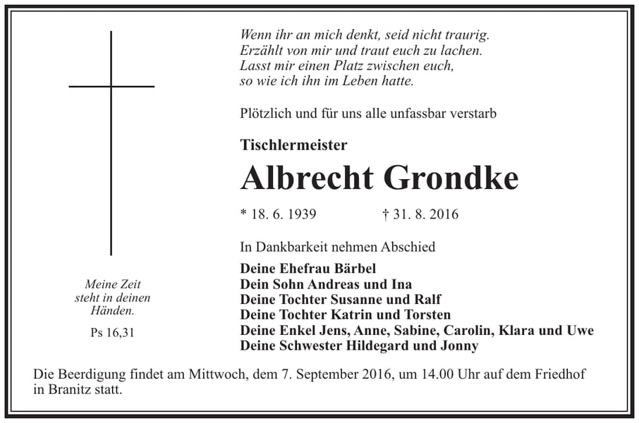 Traueranzeige Albrecht Grondke