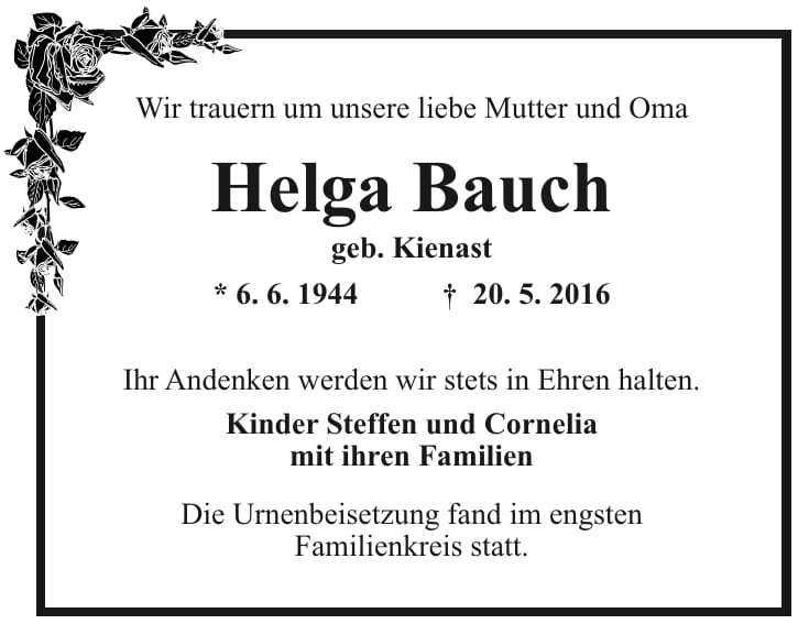 Traueranzeige Helga Bauch, geb. Kienast