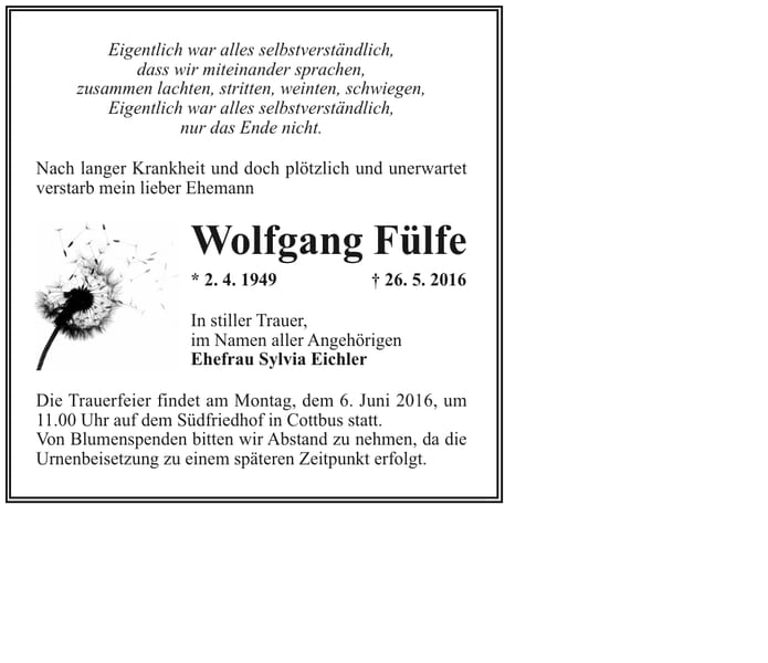Traueranzeige Wolfgang Fülfe