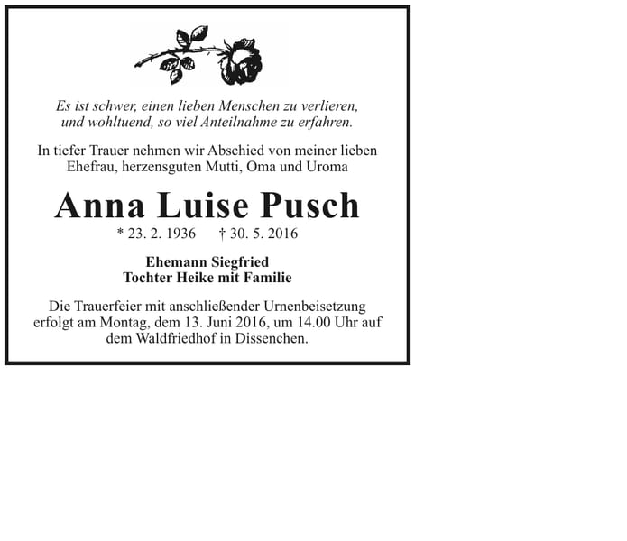Traueranzeige Anna Luise Pusch