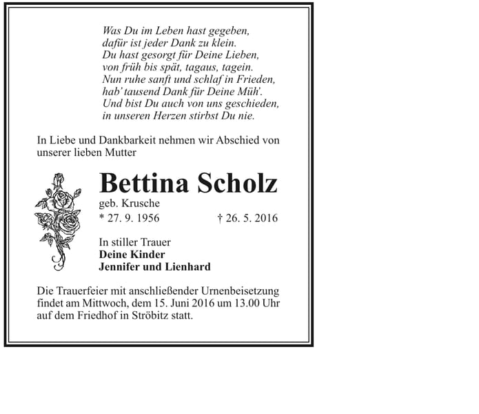 Traueranzeige Bettina Scholz, geb. Krusche