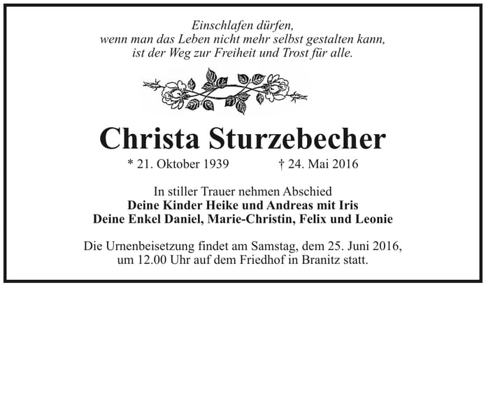Traueranzeige Christa Sturzebecher