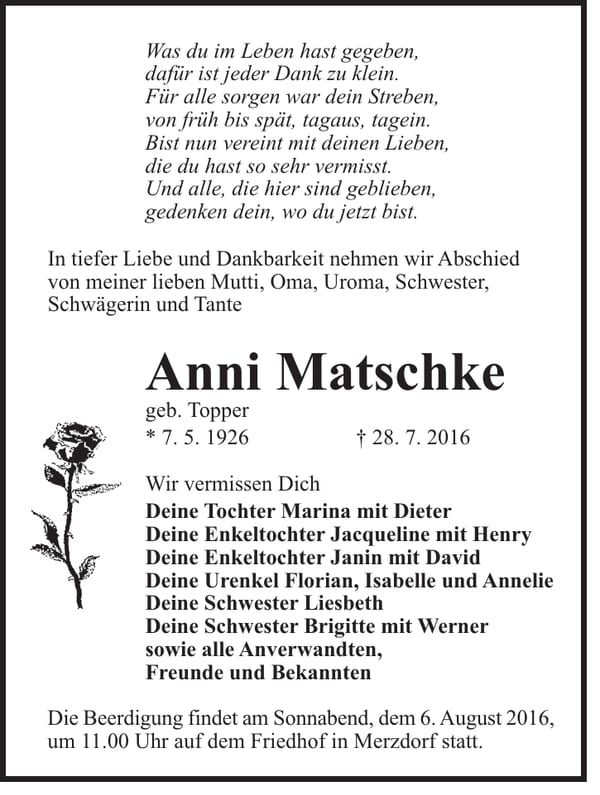 Traueranzeige Anni Matschke, geb. Topper
