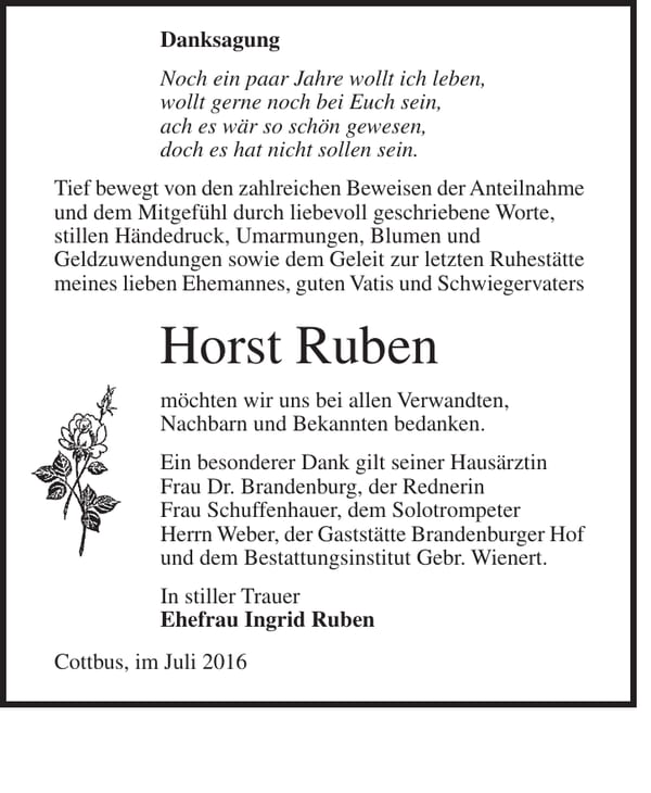 Danksagung Horst Ruben