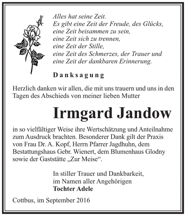 Danksagung Irmgard Jandow