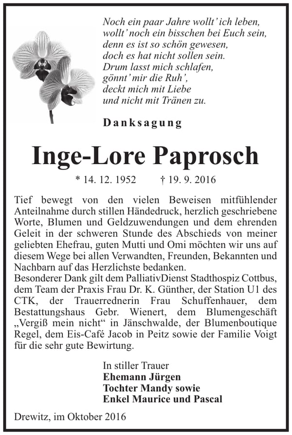 Danksagung Inge-Lore Paprosch