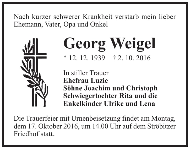 Traueranzeige Georg Weigel