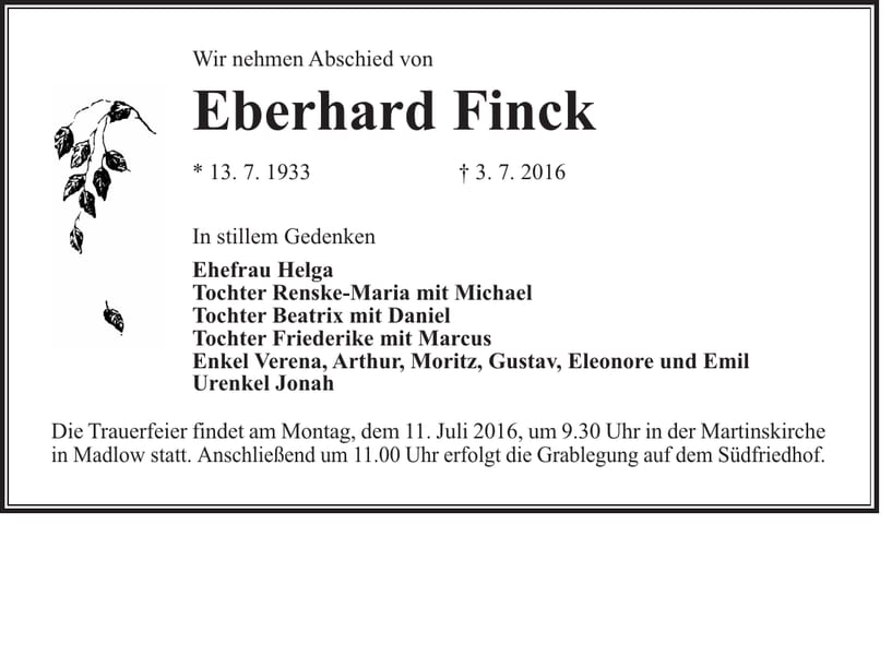 Traueranzeige Eberhard Finck