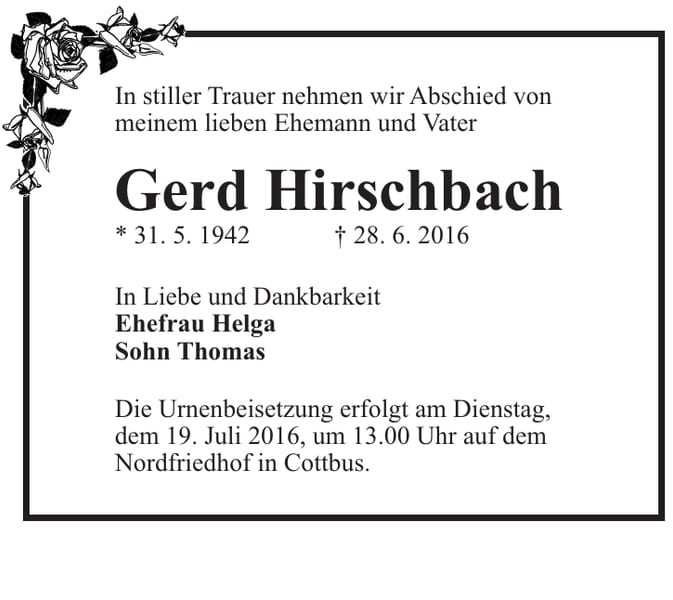 Traueranzeige Gerd Hirschbach