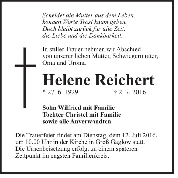 Traueranzeige Helene Reichert