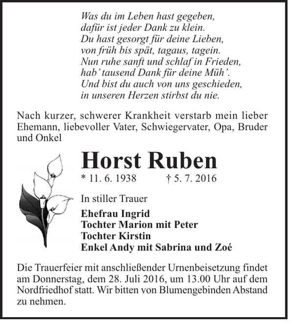 Traueranzeige Horst Ruben