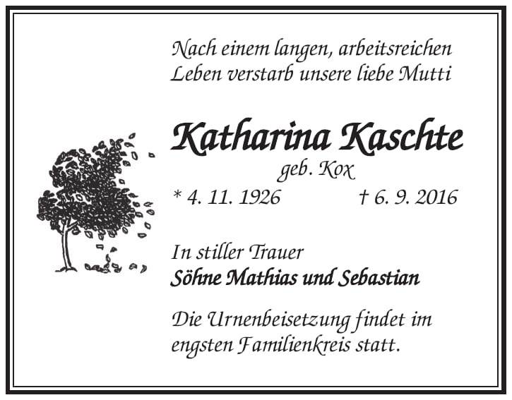 Traueranzeige Katharina Kaschte, geb. Kox