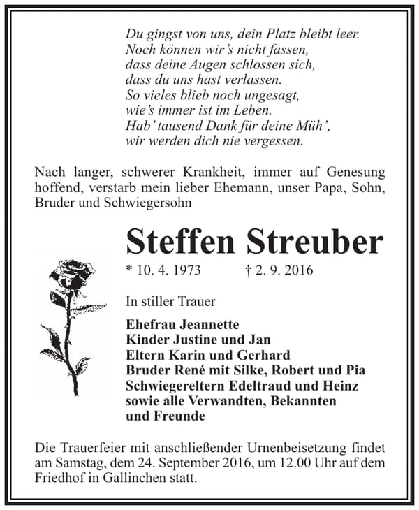Traueranzeige Steffen Streuber