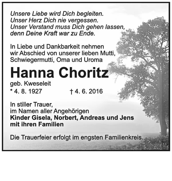 Traueranzeige Hanna Choritz, geb. Kweseleit