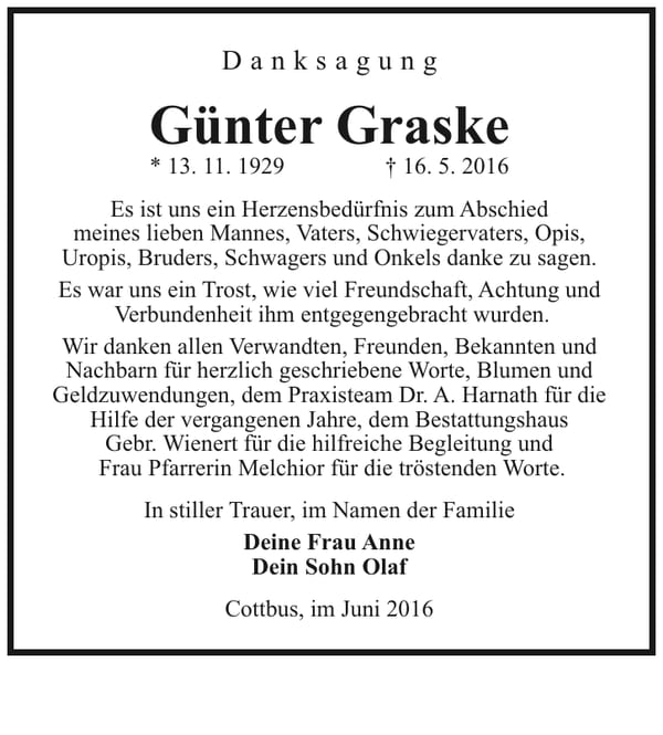 Danksagung Günter Graske