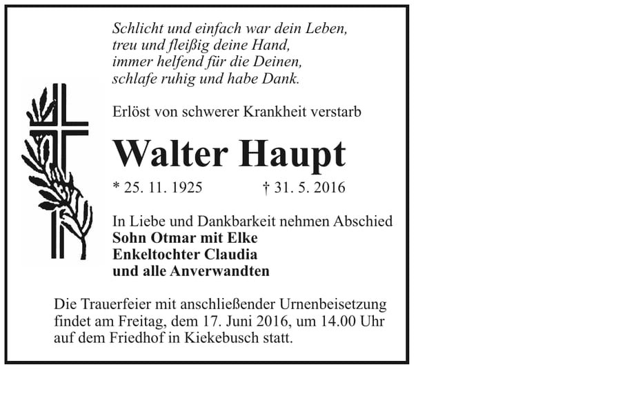 Traueranzeige Walter Haupt