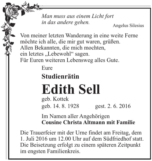 Traueranzeige Edith Sell, geb. Kottek