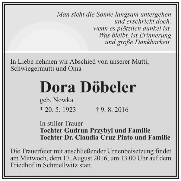 Traueranzeige Dora Döbeler, geb. Nowka