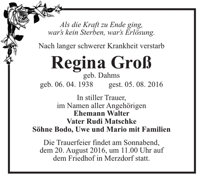 Traueranzeige Regina Groß, geb. Dahms