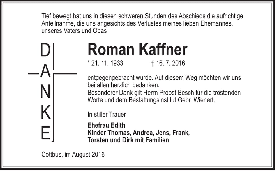 Danksagung Roman Kaffner