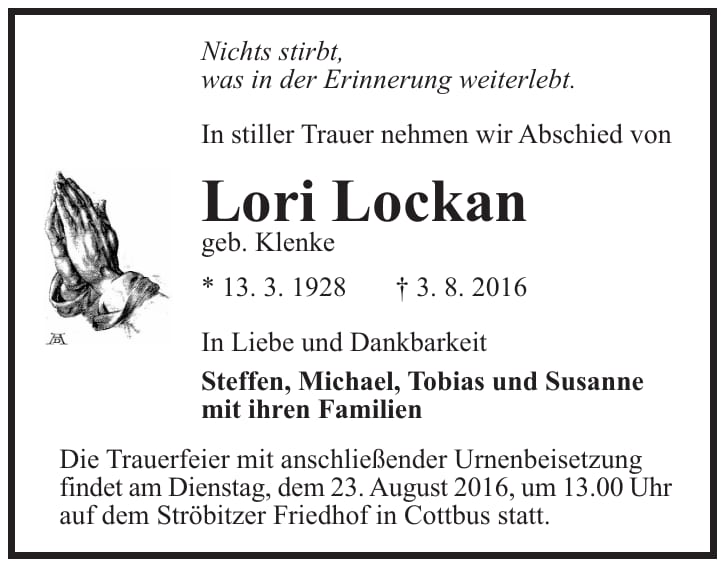Traueranzeige Lori Lockan, geb. Klenke