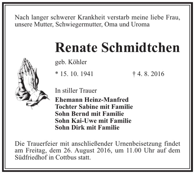 Traueranzeige Renate Schmidtchen, geb. Köhler