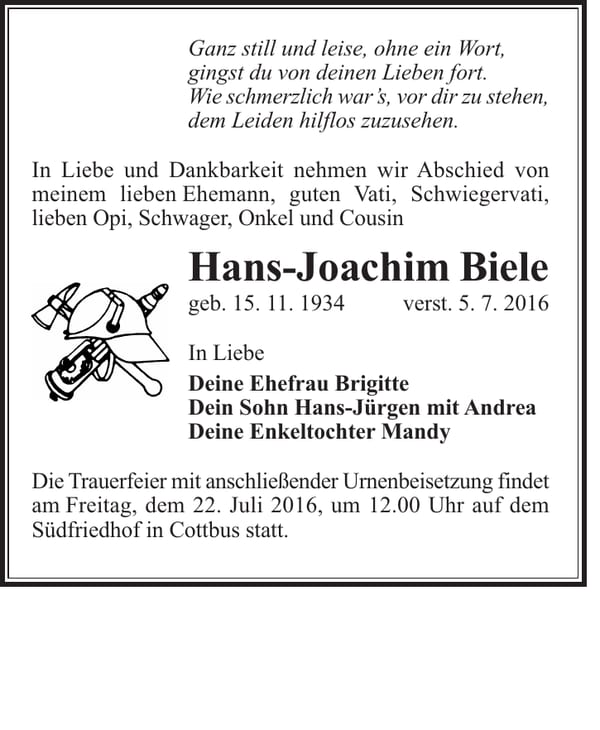 Traueranzeige Hans-Joachim Biele