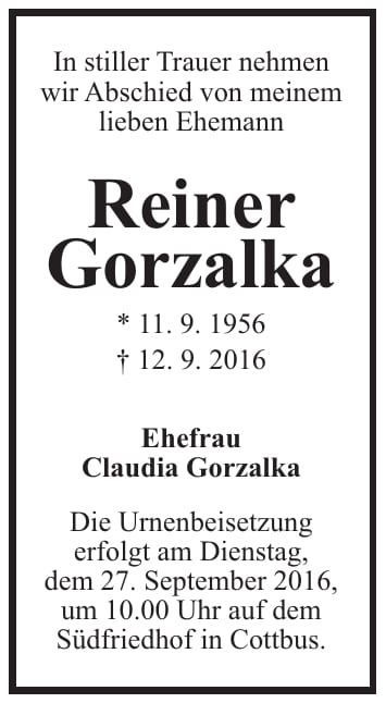 Traueranzeige Reiner Gorzalka