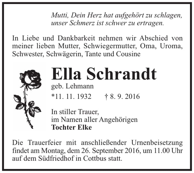 Traueranzeige Ella Schrandt, geb. Lehmann
