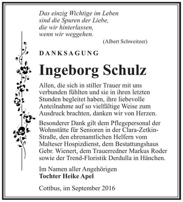 Danksagung Ingeborg Schulz