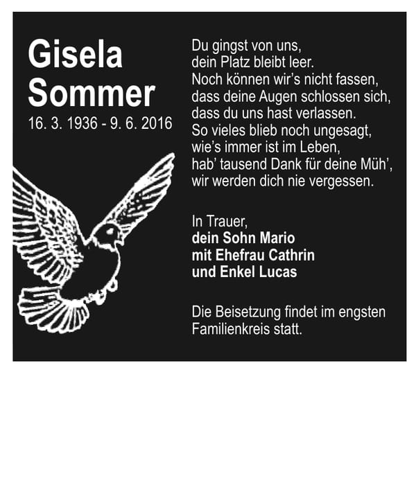 Traueranzeige Gisela Sommer