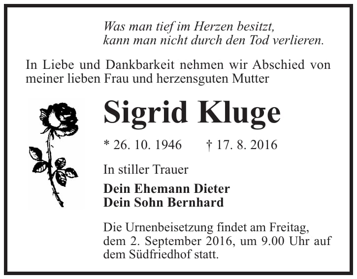 Traueranzeige Sigrid Kluge