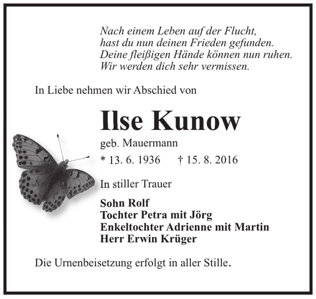 Traueranzeige Ilse Kunow, geb. Mauermann