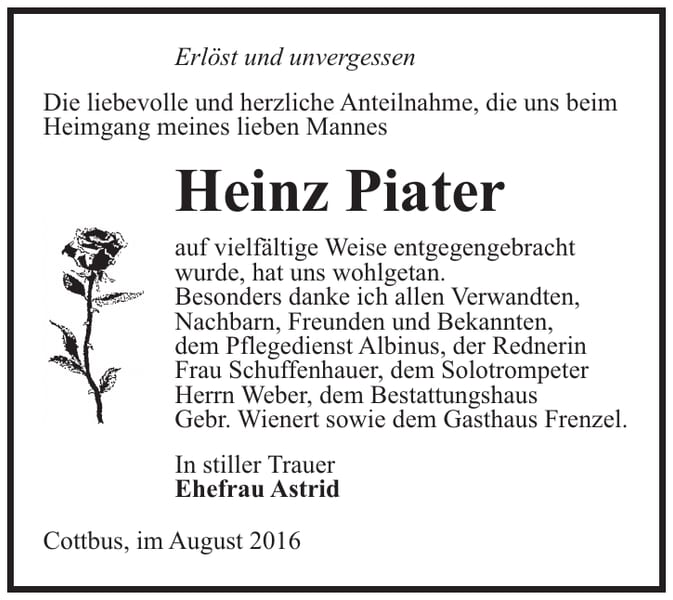 Danksagung Heinz Piater