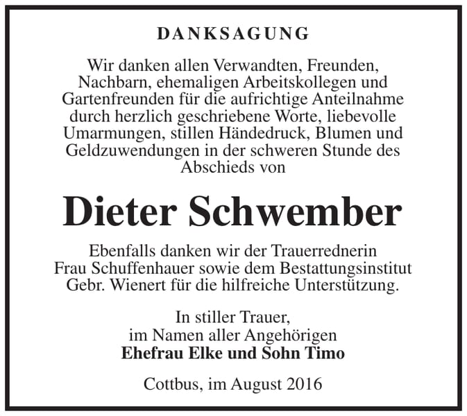 Danksagung Dieter Schwember