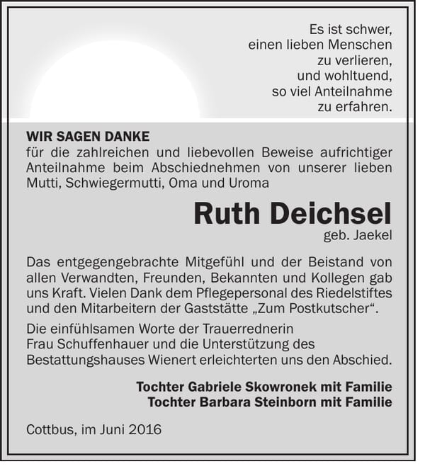 Danksagung Ruth Deichsel, geb. Jaekel