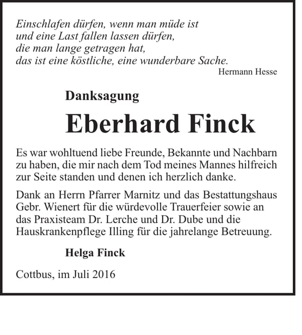 Danksagung Eberhard Finck
