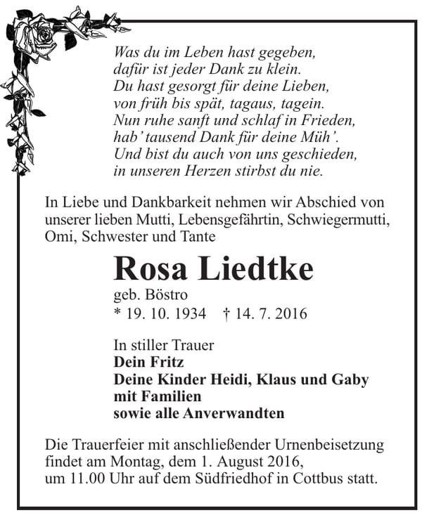 Traueranzeige Rosa Liedtke, geb. Böstro