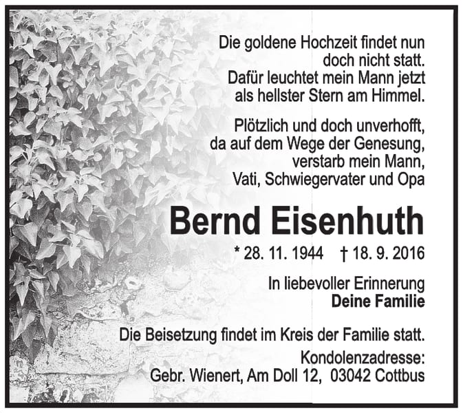 Traueranzeige Bernd Eisenhuth