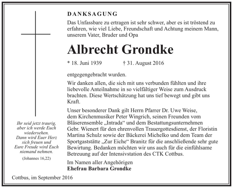 Danksagung Albrecht Grondke