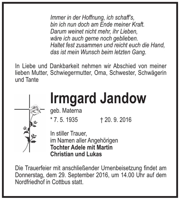 Traueranzeige Irmgard Jandow, geb. Materna