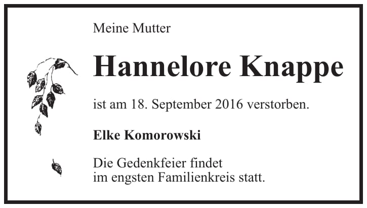 Traueranzeige Hannelore Knappe